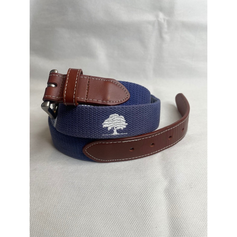 J.T. Spencer Tree Design Mid Blue White Canvas and Leather Mens Belt Size 34